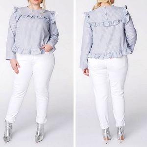 Lost Ink Top Blue & White Ruffle Detail Womens Sz 2X